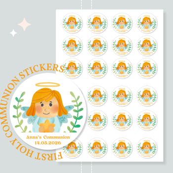 Celebrate their First Holy Communion with beautiful personalised stickers, handmade in County Cork, Ireland. Perfect for sons, daughters, godchildren, nephews, nieces, grandsons, granddaughters, or any special child marking this sacred milestone.
Ready in 2-5 working days.
Size &amp; Quantity Options
Our premium Holy Communion stickers are available in three convenient sizes to suit your celebration needs:


35mm size: 30 stickers total (15 stickers per sheet &times; 2 sheets)
40mm size: 24 stickers total (12 stickers per sheet &times; 2 sheets)
60mm size: 12 stickers total (6 stickers per sheet &times; 2 sheets)
