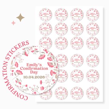 Celebrate their Confirmation with beautiful personalised stickers, handmade in County Cork, Ireland. Perfect for son, daughter, godchildren, nephews, nieces, grandsons, granddaughters, or any special child marking this sacred milestone.
Ready in 2-5 working days.
Size &amp; Quantity Options
Our premium Confirmation stickers are available in three convenient sizes to suit your celebration needs:


35mm size: 30 stickers total (15 stickers per sheet &times; 2 sheets)
40mm size: 24 stickers total (12 stickers per sheet &times; 2 sheets)
60mm size: 12 stickers total (6 stickers per sheet &times; 2 sheets)

