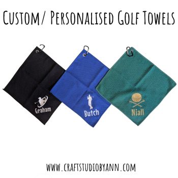 Personalised waffle microfiber golf towel with clip, perfect for keeping clubs and hands clean on the course. Made from soft, quick-dry microfiber and available in black, blue, orange, or grey. Compact 30x30cm size with a secure clip for easy attachment to any golf bag.
✨ Customised with a name or short text
🎁 Ideal gift for golfers, golf societies &amp; tournaments