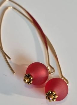 Gold plated hook earring burgundy glass ball charm