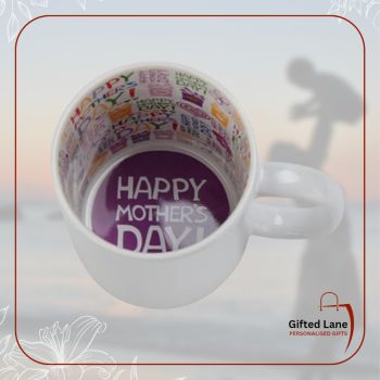 Personalised Happy Mother's Day Inside Design Mug is a keepsake for a special day or occasion and a personalised gift for Mothers, Grandmothers, New Mothers even the aunties. It comes with a pre printed design on the inside for Mothers Day but can be personalised with any picture or text on the outside. Another personalised gift from Gifted Lane. Remember a personalised gift from Gifted Lane is always a special gift