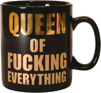 

 Box contents: 1 x Queen of Everything XXL coffee mug. 
 XXL mug with golden lettering on black background. 
 Height: approx. 12.5 cm, diameter: approx. 11 cm, capacity: approx. 600 ml 
 Material: stoneware 

