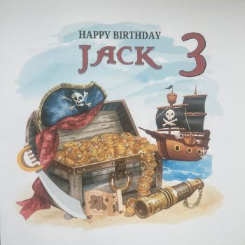 Set sail for smiles with this dazzling pirate-themed birthday card, designed to turn any celebration into a treasure hunt of delight 🏴&zwj;☠️✨
The front features a bold &ldquo;Pirate Life&rdquo; design surrounded by shimmering, glittering gold coins that catch the light with every tilt. Rich nautical details, playful treasure maps, and classic pirate icons create a scene that feels adventurous without being over the plank dramatic. It is vibrant, eye-catching, and packed with personality.Personalised with any name and age, this card transforms the birthday child into captain of their own special day.&nbsp;
Perfect for little adventurers, treasure hunters, and anyone ready to embrace the pirate life on their birthday. ⚓🎂