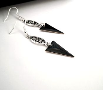 Gorgeous antique silver tone earrings, handmade in Ireland with quality materials. Created with antique filigree connectors and triangular brass drops, beautifully enamelled in black.&nbsp; &nbsp; LIghtweight and comfortable to wear and perfect for day or evening wear... Great for gifting, or a treat for yourself!&nbsp;&nbsp;