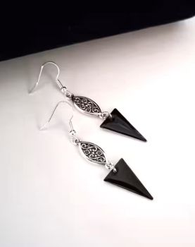 Gorgeous antique silver tone earrings, handmade in Ireland with quality materials. Created with antique filigree connectors and triangular brass drops, beautifully enamelled in black.&nbsp; &nbsp; LIghtweight and comfortable to wear and perfect for day or evening wear... Great for gifting, or a treat for yourself!&nbsp;&nbsp;