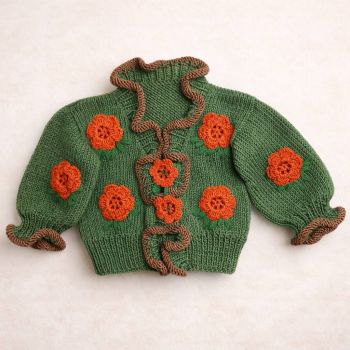 Green cardigan with crochet flowers.&nbsp;Available for 9 to 12 months-olds









&nbsp;







&nbsp;












