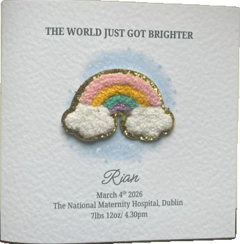 This Rainbow Baby Trinket Card celebrates a little one whose arrival feels like sunrise after the longest night. Soft clouds cradle a fluffy rainbow embellishment, delicately arched in pastel threads, symbolizing love that never gave up and light that always finds its way home.
Personalized with every precious detail of your new arrival&bull; Baby&rsquo;s Full Name&bull; Date of Birth&bull; Time of Arrival&bull; Weight&bull; Length
Each detail is thoughtfully printed beneath the radiant rainbow, turning this card into a keepsake that holds more than ink and paper. It holds a story. A promise. A beginning.
Designed to be treasured, this Trinket Card is more than a congratulations. It is a gentle celebration of resilience, remembrance, and the bright, beautiful future unfolding in your arms.
Because this little star did not just arrive.They turned the lights back on. ✨🌈