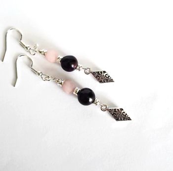 Beautiful gemstone earrings, handmade in Ireland with quality materials.&nbsp; Gorgeous antique silver tone drops, silver plated beads, natural jade in deep purple (dyed), and natural frosted pink jasper. .&nbsp; Beautifully light and comfortable to wear. Bespoke, elegant and perfect for any season.&nbsp; Great for gifting, or for a personal treat!&nbsp;&nbsp;