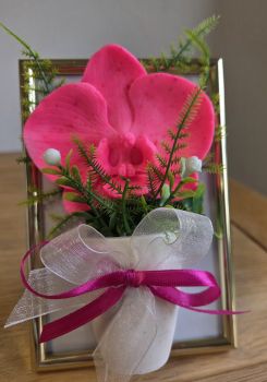 Handmade scented soap flowers in a photo frame
Size of frame 10cm/14 cm
White pot is handmade as well
&nbsp;