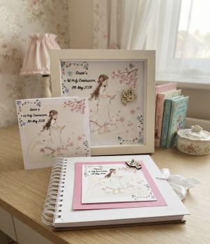 Personalised Communion / Confirmation frame and memory album . Keepsake gift with free pen and pendant.