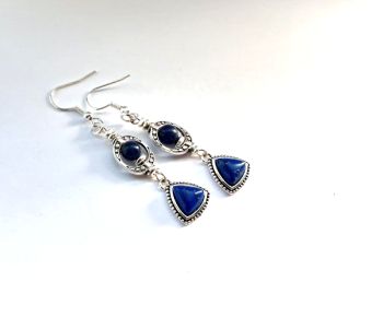 Handmade in Ireland with quality materials, these gorgeous antique silver tone earrings have deep blue resin drops, silver plated beads and beautiful natural soldalite stones..&nbsp; Bespoke, lightweight and comfortable to wear.&nbsp; Perfect for treating yourself with, or for gifting!&nbsp;&nbsp;
