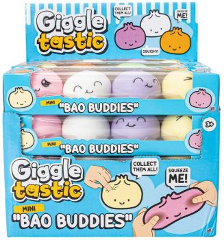 Mini Bao Buddies 4 Pack includes colourful squishy bao characters with cute faces, perfect for sensory play, collecting, and fun for kids aged 3+.