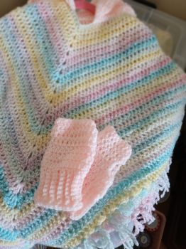 Handmade crochet hooded poncho with matching fingerless gloves