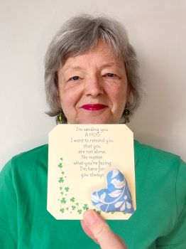 These are&nbsp; my sending you a hug fabric pocket hugs. This is my sky blue with white flowers print. Each pocket heart is handmade in a soft cotton fabric and filled to medium firmness. There is option to chose home grown dried lavender in your heart, at no extra cost.&nbsp;
Each pillow can vary slightly as each are handmade.&nbsp;
Each comes attached to a cream and shamrock patterned card to tell the person you are gifting them a hug. Each card measures 10cm X 10.5cm. It's blank on the back so you can write a message
* I am a breast cancer survivor myself so I understand how individuals undergoing cancer treatment just need a hug and sometimes you can't do that.&nbsp; &nbsp;