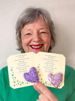 These are&nbsp; my sending you a hug fabric pocket hugs. This is my purple themed print set. Each pocket heart is handmade in a soft cotton fabric and filled to medium firmness. There is option to chose home grown dried lavender in your heart, at no extra cost.&nbsp;
Each pillow can vary slightly as each are handmade.&nbsp;
Each comes attached to a cream and shamrock patterned card to tell the person you are gifting them a hug. Each card measures 10cm X 10.5cm. It's blank on the back so you can write a message
* I am a breast cancer survivor myself so I understand how individuals undergoing cancer treatment just need a hug and sometimes you can't do that.&nbsp; &nbsp;