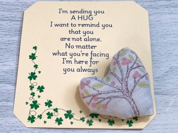 These are&nbsp; my sending you a hug fabric pocket hugs. This is my woodland tree themed print. Each pocket heart is handmade in a soft cotton fabric and filled to medium firmness. There is option to chose home grown dried lavender in your heart, at no extra cost.&nbsp;
Each pillow can vary slightly as each are handmade.&nbsp;
Each comes attached to a cream and shamrock patterned card to tell the person you are gifting them a hug. Each card measures 10cm X 10.5cm. It's blank on the back so you can write a message
* I am a breast cancer survivor myself so I understand how individuals undergoing cancer treatment just need a hug and sometimes you can't do that.&nbsp; &nbsp;