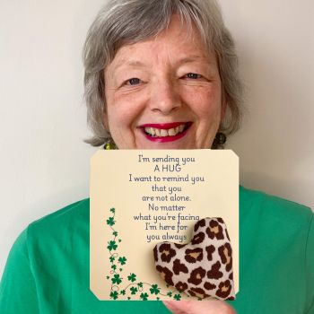 These are&nbsp; my sending you a hug fabric pocket hugs. This is my leopard print. Each pocket heart is handmade in a soft cotton fabric and filled to medium firmness. There is option to chose home grown dried lavender in your heart, at no extra cost.&nbsp;
Each pillow can vary slightly as each are handmade.&nbsp;
Each comes attached to a cream and shamrock patterned card to tell the person you are gifting them a hug. Each card measures 10cm X 10.5cm. It's blank on the back so you can write a message
* I am a breast cancer survivor myself so I understand how individuals undergoing cancer treatment just need a hug and sometimes you can't do that.&nbsp; &nbsp;