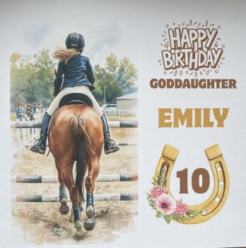 

Horseshoe Wishes on Your Birthday &ndash; Personalised Card&nbsp;🐎✨
Send a little luck and sparkle on their special day with our&nbsp;&ldquo;Horseshoe Wishes on Your Birthday&rdquo;&nbsp;personalised birthday card. Featuring a charming horseshoe surrounded by pretty flowers, this delightful design is perfect for any young horse lover,&nbsp;for boys or girls.
The card can be&nbsp;personalised with the recipient&rsquo;s name and age, making it a thoughtful and unique birthday keepsake. You can also include an&nbsp;optional relationship line, such as&nbsp;Son, Daughter, Grandchild, Niece, Nephew,&nbsp;or&nbsp;Friend, to make the card even more special.
To make the illustration feel extra personal, the&nbsp;hair colour of the character can be customised, with a choice of&nbsp;blonde, brown, black, or red hair.
You can also&nbsp;choose from several different design options, allowing you to pick the style that best suits the birthday child.
Beautiful&nbsp;glitter detail on the flowers around the horseshoe&nbsp;adds a lovely touch of sparkle, creating a card that feels magical and full of birthday cheer.
A sweet and lucky birthday card for any child who loves&nbsp;ponies, horses, and a little birthday magic. 🐴🍀✨

