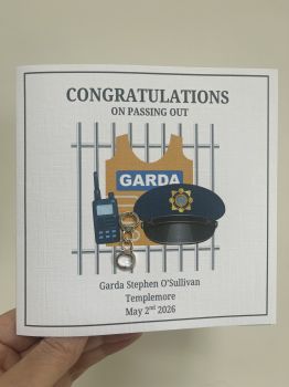 Celebrate a proud milestone with this unique Garda Passing Out Card, designed to capture the spirit of the occasion in a memorable and meaningful way.
This bespoke&nbsp;6x6 linen card&nbsp;features carefully crafted Garda-themed elements, including a classic Garda hat, high-visibility vest, walkie talkie, jail bars, and miniature trinket handcuffs for an added touch of realism. Each detail brings the design to life, making it more than just a card, it&rsquo;s a keepsake.
Personalised with the name of the new Garda, along with their place of graduation and passing out date, this card becomes a one-of-a-kind tribute to their achievement.
Perfect for family, friends, or colleagues, it&rsquo;s a thoughtful way to mark a special day and honour the dedication behind the uniform. A lasting memento for a truly unforgettable event.
This versatile design can also be used for promotions, birthdays, New Job/Retirement/ Joining the Force or any celebration with a Garda theme, making it a flexible and meaningful choice for multiple occasions.
A unique, bespoke keepsake card to celebrate life&rsquo;s proud moments. 🚓✨