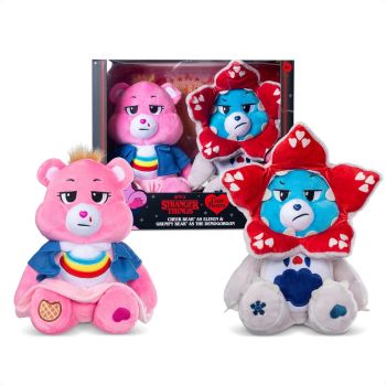 

Care Bears x Stranger Things plush 2-pack featuring Cheer Bear as Eleven and Grumpy Bear as Demogorgon.
Perfect collectible for fans.

