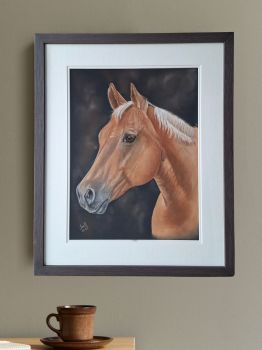 Features:&nbsp;Original Handmade Equine Artwork | Soft Pastel Pencil | Horse&nbsp;Portrait | Realistic artwork | Palomino&nbsp;wall art
Details and Dimensions:

Measures: Artwork on Pastemat Paper, with frame Height 54cm x Width 44cm x Depth 2cm
Frame with glass and mat : Walnut brown&nbsp;- attached hanging mount&nbsp;at the back
Medium: Pastelmat Paper, Artist Grade Soft Pastel Pencils&nbsp;
Display: Vertical/Portrait
Use: Interior decoration only
Signed and dated at the back by author (photo credit Susan Gibson)
