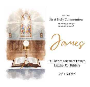 &nbsp;
Celebrate their First Holy Communion with a meaningful keepsake created to honor this sacred milestone. This elegant card features refined glitter details and is printed on premium hammered cardstock, offering a timeless texture and high-quality finish. Personalized with&nbsp;their name,&nbsp;Communion date, and&nbsp;church name, it becomes a lasting reminder of the day they received Jesus in the Eucharist. Perfect for gifting or displaying, this card is designed to be treasured long after the celebration.