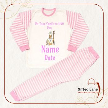 Personalised Confirmation Pyjamas is a personalised gift and a keepsake of a special day. They are available in pink or blue with pink and white or blue and white striped trousers and jumper sleeves, and can be personalised on both sides with any picture or text on them and with a date or name on them. Another special personalised gift from Gifted Lane.