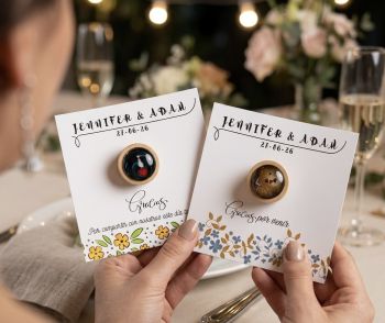 Handmade brooches with custom wedding card .