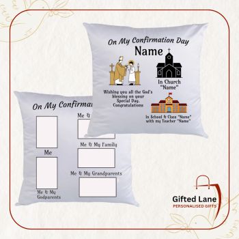 Tell the story of your Confirmation Day with Personalised Confirmation Story Cushion and a keep a memory of all the details along with pictures of a special day. They are white in colour and can be personalised on both sides of the cushion with any picture or text on them. They are square shaped cushions with filling also included. Another special personalised from Gifted Lane.&nbsp;