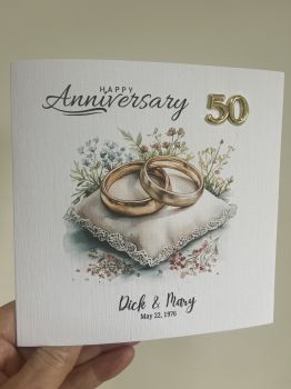 Personalised 50th Wedding Anniversary Card &ndash; Gold &ldquo;50&rdquo; Embellishment | 6" x 6" Linen Cardstock
Celebrate a love story fifty years in the making with this beautifully crafted 50th wedding anniversary card, designed to capture the warmth and brilliance of a golden milestone.
This card is personalised with the couple&rsquo;s wedding date, adding a meaningful touch that transforms it into a cherished keepsake.
Printed on premium 6" x 6" linen cardstock, the card boasts a delicate textured finish that feels as special as the occasion itself. Perfect for gifting, displaying, or treasuring for years to come, this card is more than a message&mdash;it&rsquo;s a celebration of a remarkable journey together.