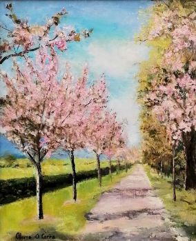 Painting of Cherry trees in Killarney National Park by Killarney artist Olivia O'Carra
Highly textured oil painting on 12" x 10" Canvas board.
Framed inwhite wooden frame
Free shipping within Ireland
&nbsp;