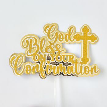 Make the Confirmation Cake Unforgettable
Bold, warm, and beautifully crafted &mdash; this God Bless On Your Confirmation cake topper is the finishing touch that transforms any celebration cake into a centrepiece worth remembering. Handcrafted from gold glitter cardstock over a gold mirror backing, the layered script catches the light with every movement &mdash; rich, warm gold that photographs beautifully against white buttercream, cream fondant, or any classic celebration cake.
The cross detail to the right of the script adds a meaningful religious element without overpowering the design. Gender-neutral, elegant, and perfectly sized for any Confirmation celebration.
&nbsp;