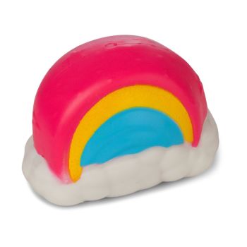 A colourful water-filled squishy rainbow with a floating unicorn inside that appears when squeezed.