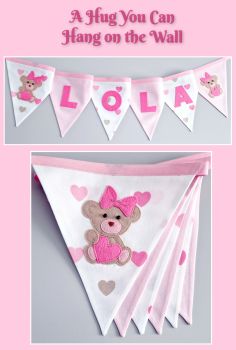 Personalised Name Bunting Beautiful Cotton Bunting is handmade to a high standard, makes a perfect New Baby, Christening or Birthday gift. It will add a special touch to any little girls or boys bedroom or nursery, a lovely keepsake that can be used for years to come. &nbsp; To order: * Enter name for personalisation * Enter the number of letters in your personalised name. * Choose your fabric choice * If you would like additional blank flags (no letters or appliques) please select quantity. *Price includes two applique flags.&nbsp;

Handmade
Materials: Cotton Prints, Felt, Love
