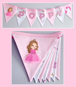 Beautiful Personalised Princess Bunting
featuring a beautiful princess in her finest tulle gown and a magical unicorn ready for an adventure, this bunting is more than just decor - it&rsquo;s a gateway to a dreamworld!
 To order: * Enter name for personalisation * Enter the number of letters in your personalised name. * Choose your fabric choice * If you would like additional blank flags (no letters or appliques) please select quantity. *Price includes two applique flags.&nbsp;

Handmade
Materials: Cotton Prints, Felt, Love
