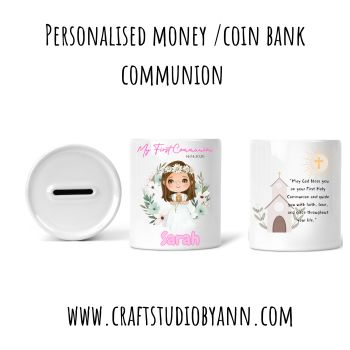&nbsp;
A beautiful personalised ceramic money box to celebrate a child&rsquo;s First Holy Communion. ✝️💖
Customised with name and date, this keepsake gift is both meaningful and practical &mdash; perfect for marking such a special occasion.
📏 Size: 9.4 cm (H) x 8.4 cm (D)
🎨 Multiple designs available
A thoughtful gift they&rsquo;ll treasure for years to come. ✨