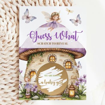 The Most Magical Way to Reveal It&rsquo;s a Girl 💜🧙♀️

Imagine handing this enchanting card to your family and friends. They read "Guess What? Scratch to Reveal" in a bold purple script above a glowing fairy mushroom cottage, pick up a coin, and scratch away the large gold circle set right in the fairy door to discover: "We Are Having a Baby Girl." That gasp of pure, breathless joy handmade in Ireland by Printarelle.