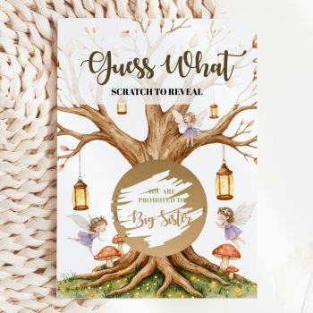 The Most Magical Way to Share the News ✨🧙♀️

Imagine handing this enchanting card to your little one. She reads "Guess What? Scratch to Reveal" in a whimsical forest-green script, picks up a coin, and scratches away the large gold circle nestled in the roots of a grand enchanted tree to discover: "You Are Promoted to Big Sister." That moment of pure, wide-eyed wonder&nbsp; handmade in Ireland by Printarelle.