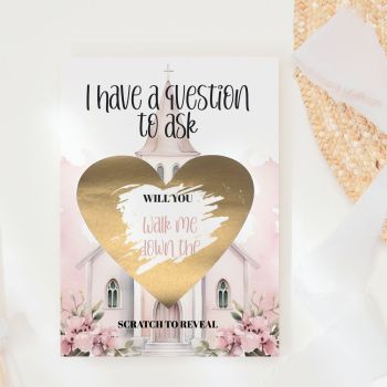 The Most Romantic Way to Ask ⛪️🤍
Imagine handing this gorgeous card to the person you&rsquo;ve chosen to walk you down the aisle on your wedding day. They read "I Have a Question to Ask" in bold black script above a blush pink chapel, pick up a coin, and scratch away the large gold heart to discover: "Will You Walk Me Down the Aisle?" That moment of pure, breathless emotion &mdash; handmade in Ireland by Printarelle.

What makes this design truly special is the heart-shaped gold scratch panel &mdash; the most romantic scratch reveal shape in the range &mdash; set against a dreamy watercolour pink chapel with soft blush magnolias blooming at its steps. Tender, meaningful, and utterly unforgettable.