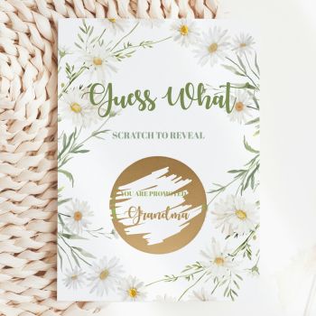 The Most Joyful Way to Share the News 🌼✨
Imagine handing this gorgeous card to the woman who is about to become a grandmother. She reads "Guess What? Scratch to Reveal" in elegant forest green script, picks up a coin, and scratches away the gold circle to discover: "You Are Promoted to Grandma." That moment of pure, breathless joy, handmade in Ireland by Printarelle.

Featuring a stunning watercolour design of full-bloom white chamomile daisies and delicate sage leaves cascading around the card in a loose, natural wreath. Fresh, cheerful, and utterly charming, the perfect frame for the most wonderful news.