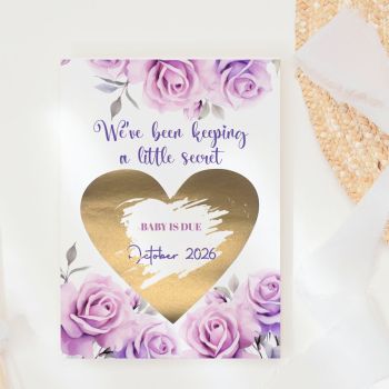 We've Been Keeping a Little Secret 🤍🌹
Soft lilac and blush roses bloom in full watercolour splendour around a gold heart-shaped scratch panel, this is the most romantic and intimate way to share your pregnancy news. They read "We've Been Keeping a Little Secret", pick up a coin, and scratch away the gold heart to discover your baby's due date. That gasp of pure, breathless joy, handmade in Ireland by Printarelle.

What makes this design truly special is the heart-shaped scratch panel, a romantic twist on the classic circle reveal, framed by oversized lilac roses and soft grey-green leaves on a clean white background. Dreamy, feminine, and utterly unforgettable.