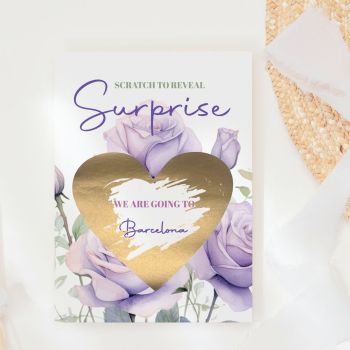 The Most Romantic Way to Reveal a Trip ✂️🤍
Soft lilac and blush roses bloom in full watercolour splendour around a gold heart-shaped scratch panel, this is the most romantic and intimate way to tell someone you're whisking them away. They read "Scratch to Reveal Surprise", pick up a coin, and scratch away the gold heart to discover your destination. That gasp of delight, that burst of excitement, handmade in Ireland by Printarelle.

What makes this design truly special is the heart-shaped scratch panel, a romantic twist on the classic circle reveal, framed by oversized lilac roses and soft sage eucalyptus leaves on a clean white background. Dreamy, feminine, and utterly unforgettable.