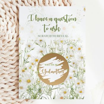 The Most Beautiful Way to Ask 🌼✨
Imagine handing this gorgeous card to your best friend, your sister, or the special person you've chosen to be your baby's godmother. She reads "I Have a Question to Ask, Scratch to Reveal", picks up a coin, and scratches away the gold circle to discover: "Will You Be My Godmother?" That moment of pure, breathless joy, handmade in Ireland by Printarelle.

Featuring a dreamy watercolour daisy meadow design, hundreds of delicate white chamomile daisies and wild grasses in soft sage green, creating a fresh, natural, and utterly charming backdrop. Light, airy, and full of warmth.