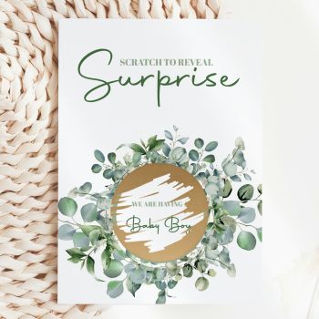 Nature's Most Beautiful Reveal 🌿✨
Lush, layered eucalyptus leaves form a full wreath around the gold scratch-off circle, this is the most serene and elegant way to share your biggest news. Imagine handing this gorgeous card to someone you love, watching them scratch away the gold panel to discover whether you're having a baby boy or girl. That quiet, breathless moment of joy, handmade in Ireland by Printarelle.

Featuring a stunning watercolour eucalyptus wreath in rich forest green and soft sage, with delicate white gypsophila sprigs woven throughout. Clean, botanical, and utterly timeless, a world apart from the colourful animal designs, this one is all about understated natural elegance.