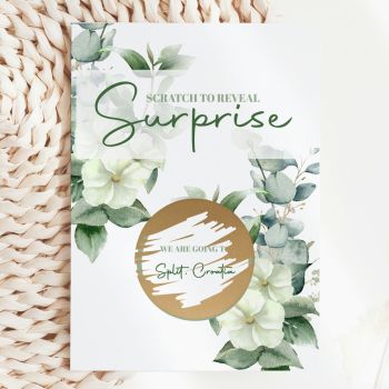 A Surprise Trip, Revealed in the Most Beautiful Way ✂️🤍
Lush white gardenias, soft eucalyptus leaves, and a gold scratch-off circle, this is the most elegant way to tell someone you're whisking them away. They read "Scratch to Reveal Surprise", pick up a coin, and scratch away to discover your destination. That gasp of delight, that burst of excitement, handmade in Ireland by Printarelle.

Featuring a stunning watercolour design of full-bloom white gardenias and layered eucalyptus foliage in rich forest green and sage, framing a circular reveal panel. Clean, luxurious, and utterly timeless, a world away from the blue wildflower design, this one is all about lush botanical elegance.