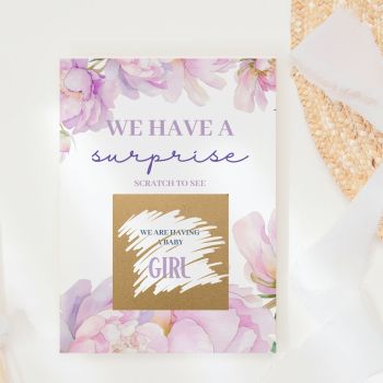 We Have a Surprise 🌸✨
Soft, romantic, and utterly beautiful, our Peony Floral Gender Reveal Scratch Card is the most elegant way to share your biggest news. Imagine handing this gorgeous card to your mum or your best friend, watching them scratch away the panel to reveal whether you're having a baby boy or girl. A moment wrapped in blush peonies and pure joy.

Featuring a stunning watercolour design of full-bloom pink and lilac peonies cascading across the card, with the words "We Have a Surprise, Scratch to See" in a delicate script. Timeless, feminine, and utterly luxurious.