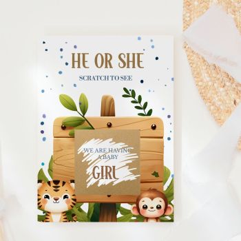 Two Cheeky Friends, One Big Secret 🐯🐵
Picture the moment, you hand this vibrant, tropical card to your mum, your sister, your best friend. They pick up a coin, scratch away the panel, and there it is, the news you've been bursting to share. Our Tiger &amp; Monkey Gender Reveal Scratch Card makes that moment utterly magical, handmade in Ireland by Printarelle.

Featuring two adorable watercolour characters, a bold little tiger and a cheeky smiling monkey, peeking out from lush jungle foliage beside a rustic wooden sign. Blue confetti dots dance across the card, adding a playful, celebratory feel.