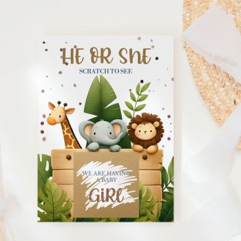 Three Little Friends, One Big Secret 🦒🐘🦁
Hand this gorgeous card to someone special and watch their face light up as they scratch away the gold panel to discover whether you're having a baby boy or girl. Our Safari Trio Gender Reveal Scratch Card features three irresistibly cute watercolour animals, a tall, gentle giraffe, a soft blue elephant, and a fluffy little lion, peeking over a wooden crate surrounded by lush tropical leaves. Warm, joyful, and utterly charming.

Handmade in Ireland by Printarelle, this card turns your announcement into a moment to treasure.