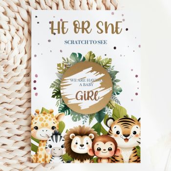 Let the Jungle Reveal Your News 🌿🦁🐯
Imagine handing this lush, vibrant card to your nearest and dearest, watching their eyes widen as they scratch away the gold circle framed by tropical leaves to discover whether you're having a baby boy or girl. Our Jungle Animals Gender Reveal Scratch Card turns your announcement into a moment of pure magic, handmade in Ireland by Printarelle.

Featuring a gorgeous watercolour illustration of adorable jungle friends, a giraffe, zebra, lion, monkey, and tiger, peeking out from lush monstera and tropical foliage. Warm, joyful, and utterly charming.