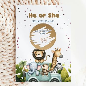 A Wild Way to Reveal Your Big News 🦁🐘🦒
Hand this card to someone you love and watch their face light up as they scratch away the gold circle to discover whether you're having a baby boy or girl. Our Safari Animals Gender Reveal Scratch Card brings a sense of adventure and joy to one of life's most magical moments, handmade in Ireland by Printarelle.

Featuring a charming watercolour illustration of safari friends, a lion, elephant, monkey, giraffe, and zebra, all piled into a teal jeep surrounded by lush tropical leaves. Playful, vibrant, and utterly unforgettable.
